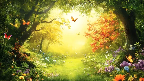 Luminous forest clearing with butterflies and vivid spring flora