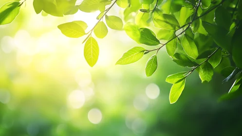 Sunlit Green Leaves with Soft Bokeh, Nature Photography Style.