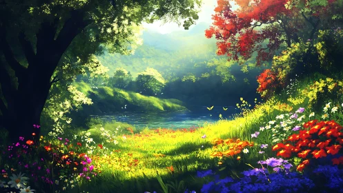 Vibrant meadow and forest by a river in digital painting style.
