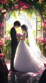 Anime wedding couple stands under luminous floral arch
