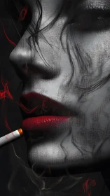 Smoldering red lips hold quiet tension in drifting smoke