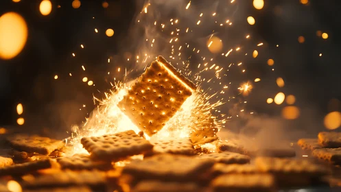 Golden crackers exploding with luminous particles in dramatic impact