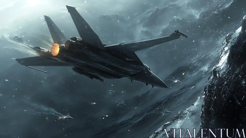 Fighter aircraft over icy mountains in low altitude descent.
