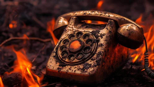 Vintage rotary phone rests in glowing flames and falling ash