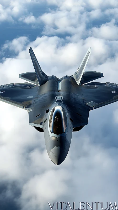 Stealth fighter jet cutting through layered cloud canopy.