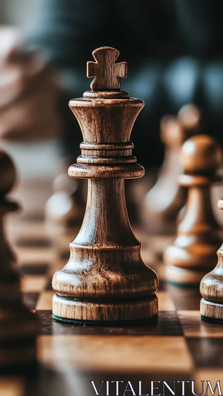 Wooden chess king in shallow depth-of-field strategic close-up