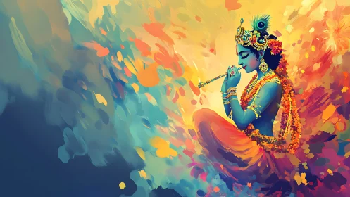 Divine flute player sits in radiant clouds of sacred color