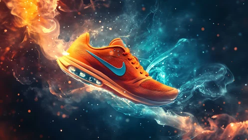 Dynamic orange running shoe suspended in dual-color energy plumes