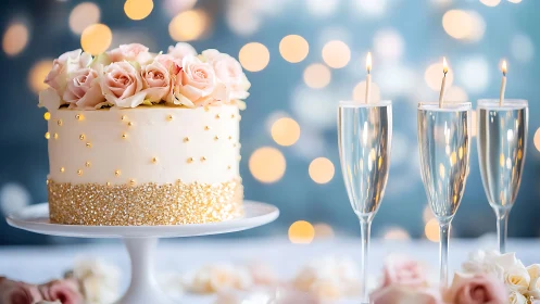 Elegant Celebration Cake with Pink Roses and Gold Accents.