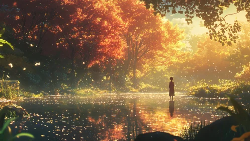 Solitary figure in glowing autumn forest by calm river.