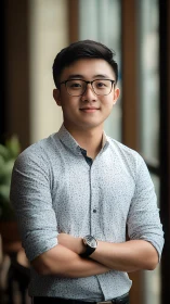 Photorealistic corporate portrait with shallow depth of field.