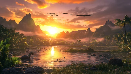 Prehistoric river valley shows dinosaurs at vivid sunset