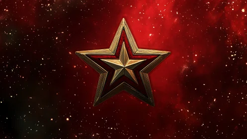 Metallic red five-point star emblem on cosmic backdrop.