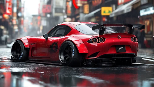 Red widebody Mazda sports car in cinematic rainy street scene.