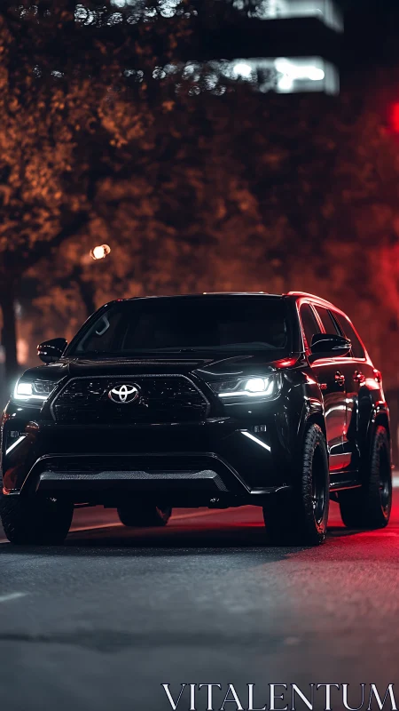 Midnight black SUV prowls through neon city streets.