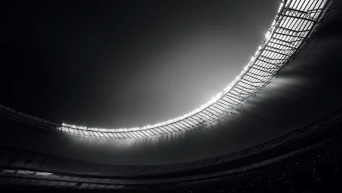 Monochrome stadium roof arc in dramatic low-angle composition.