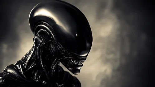 Biomechanical xenomorph profile in high-contrast monochrome render