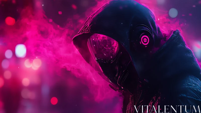 Neon hooded figure walks through dense cyberpunk smoke