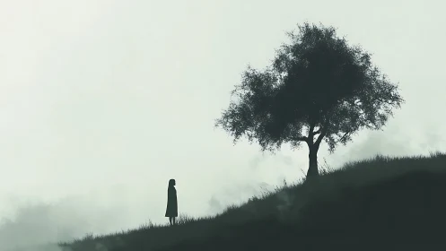 Solitary figure on misty hillside with lone dark tree.