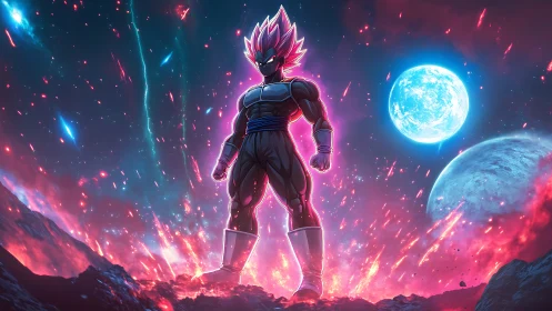 Celestial energy warrior on volcanic extraterrestrial terrain.