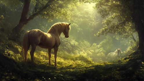 Sunlit forest horses under luminous golden canopy.