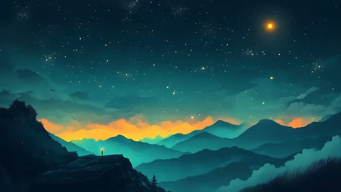 Lone hiker gazes over glowing mountains beneath a starry sky