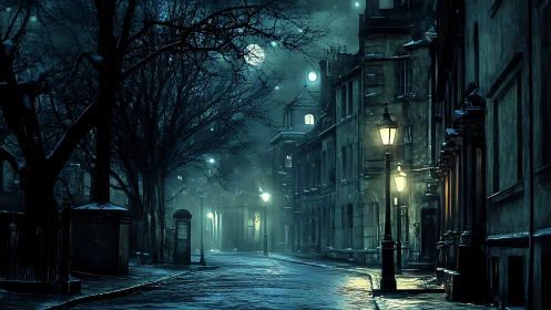 Nocturnal cobblestone street under cold volumetric moonlight glow