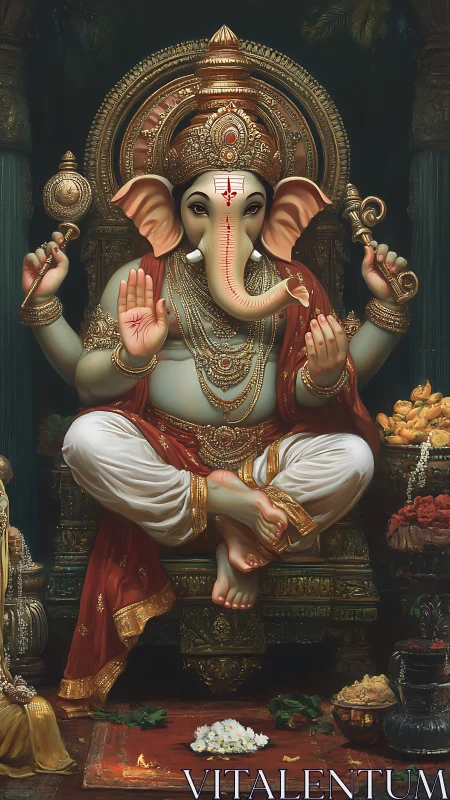 Lord Ganesha seated on ornate throne with ritual offerings.