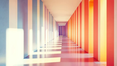 Striped corridor with receding perspective and reflected light.