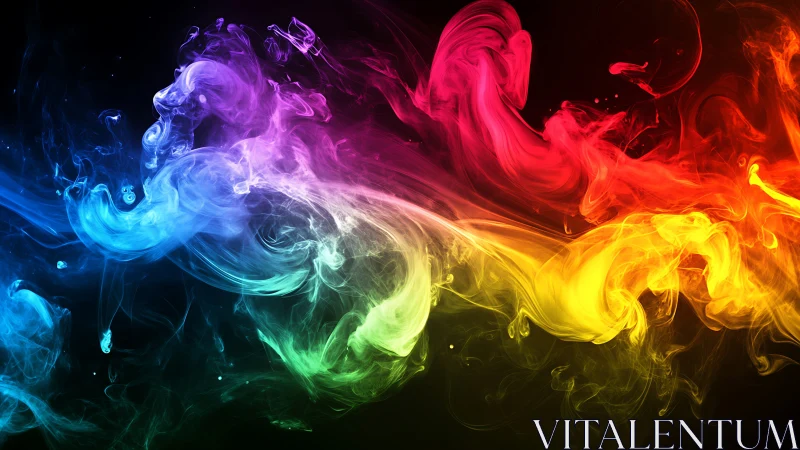 Vibrant swirling spectrum of colored smoke on black background.