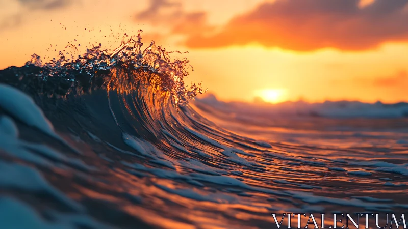 Surfing ember waves beneath a blazing watercolor sunset sky.