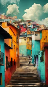 Color-drenched hillside stairway climbs into painted clouds