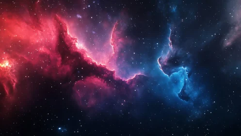 Red and blue interstellar nebula structure in deep space.