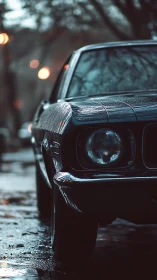 Moody close-up of vintage car in rainy urban street.