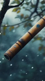 Weathered bamboo flute hangs in a misty forest snowfall.