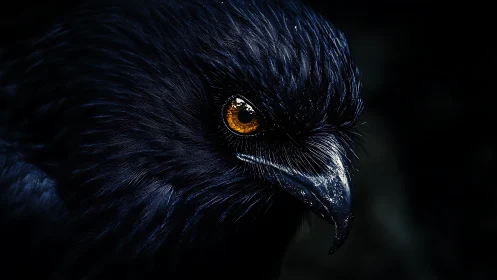Striking Close-Up Portrait of a Black Bird with Intense Amber Eye.