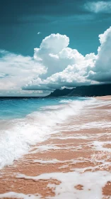 Coastal shoreline with waves, clouds, and distant headland.