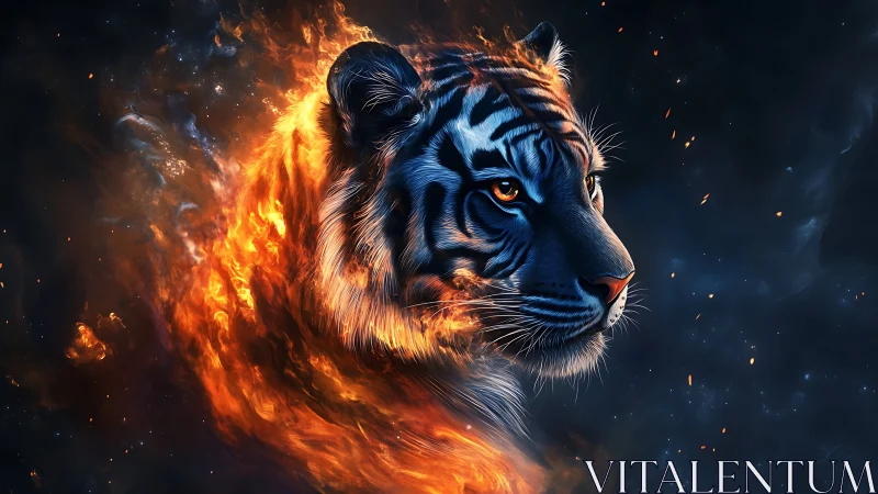 Fiery tiger portrait merged with swirling cosmic flames.