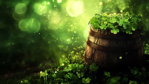 Sunlit barrel of lucky clovers in a softly glowing forest.