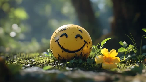 Smiley sphere rests in sunlit forest moss, soft bokeh background.
