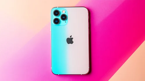 Turquoise iPhone 11 Pro with triple camera on gradient magenta-peach backdrop.