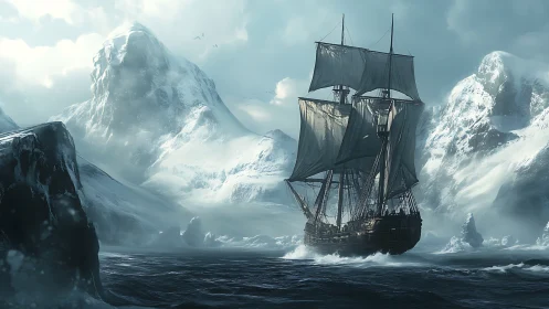 Tall ship under full sail traverses glacial Arctic seascape