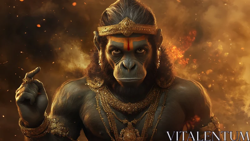 Mythic simian warrior deity in gold armor amid burning embers