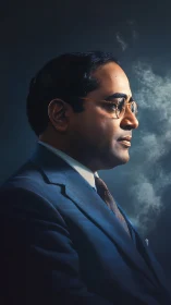 Side-lit formal portrait of suited man in glasses with smoke plume