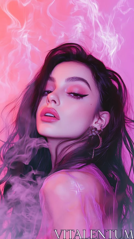 Dreamy neon portrait in glowing pink and violet haze.