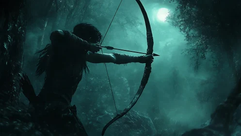Moonlit forest archer draws bow in tense stealth ambush