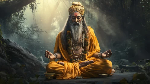 Meditating ascetic in yellow robes within dense forest setting.