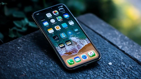 Modern iPhone rests on textured surface, showcasing vibrant app icons