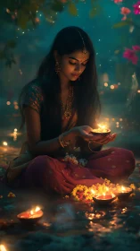 Young woman holds lit diya lamps in a controlled low-light scene