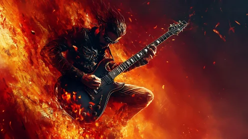 Guitarist rendered amid concentrated flame and embers